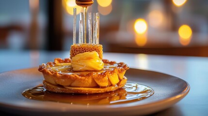 Gourmet honey dessert with natural honeycomb and glass honey dipper sticks creating elegant fine dining presentation with warm restaurant lighting
