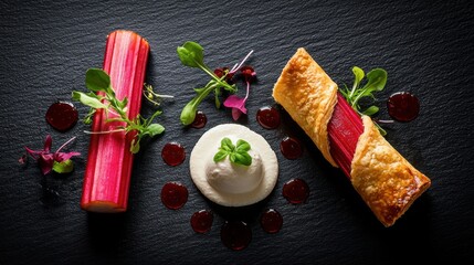Deconstructed rhubarb tart with pink rhubarb cylinder, vanilla cream quenelle and golden puff pastry on black slate with microgreens and reduction dots
