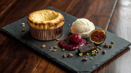 Vanilla soufflé dessert plating with risen golden soufflé in copper ramekin, fresh fig half, vanilla ice cream scoop, chocolate pieces, crushed pistachios on slate