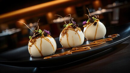 Elegant vanilla bean panna cotta spheres with caramel sauce and purple microgreens on black slate plate in fine dining restaurant presentation