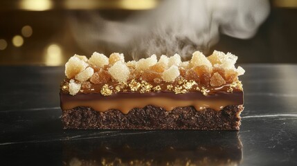 Gourmet chocolate toffee dessert bar with crystallized sugar crystals, gold leaf garnish and caramel drizzle on dark slate surface in elegant restaurant plating