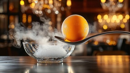 Golden mango sphere balanced on elegant silver spoon above crystal bowl with dramatic dry ice vapor in upscale restaurant molecular gastronomy presentation