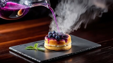 Hot purple blueberry compote being poured from glass pitcher onto layered vanilla sponge cake with fresh berries and steam on dark slate plate