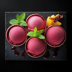 Artisanal hibiscus sorbet quartet served in elegant copper bowls on dark slate board with fresh mint leaves and candied orange garnish for gourmet dessert presentation