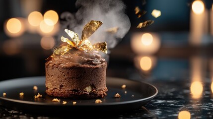 Decadent chocolate lava cake with gold leaf garnish and chocolate ganache frosting on dark ceramic plate with warm bokeh lighting background atmosphere