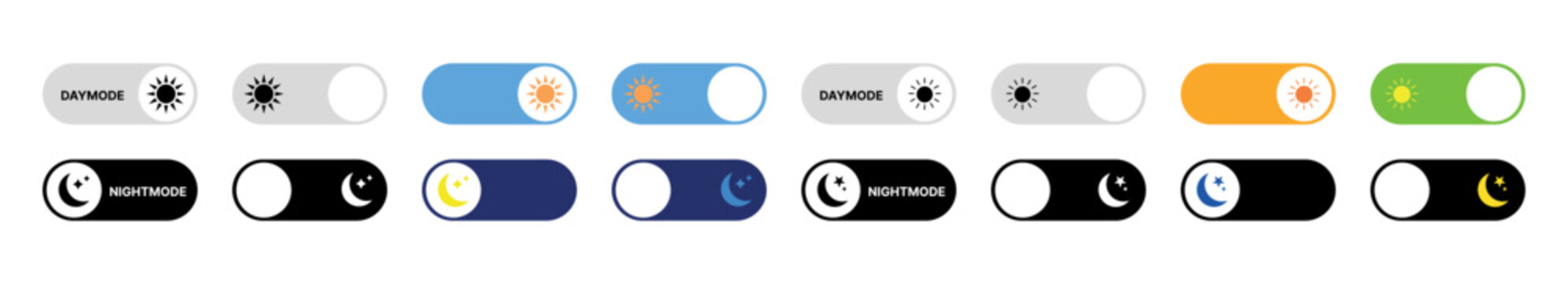 day night switch toggle - dark mode, light mode switch button - On Off or Light and Dark Buttons - Sun and moon symbols with enable or disable button.