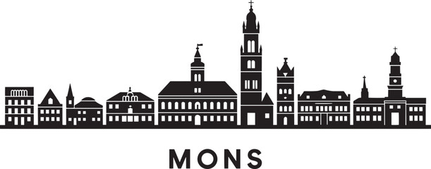 Obraz premium Mons Belgium Skyline Silhouette Vector Illustration with Detailed City Buildings and Landmarks