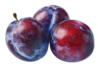 Three plump plums, deep purplish-red and blue hues, clustered together, isolated against a stark white background.  Stems visible
