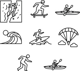 Extreme Sports Icons Set | Climbing, Surfing, Kayaking, Paragliding, Skateboarding | Minimal Line Art Vector.