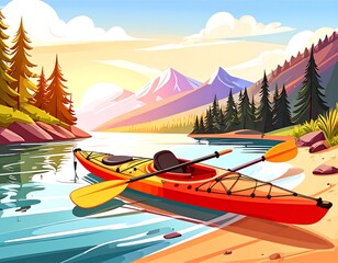 Scenic kayak scene on a serene lake nestled in mountains