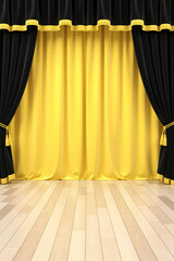 A theatrical stage backdrop featuring luxurious black velvet curtains with gold trim pulled back to reveal a vibrant golden yellow curtain, set against a polished wooden floor.