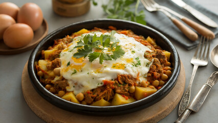 Tajine is a dish that resembles a meat omelette: lamb or chicken is finely chopped, mixed with potatoes or chickpeas, and covered with eggs and cheese.