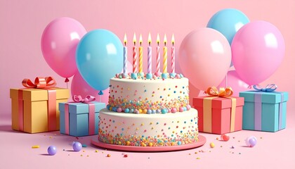 Festive birthday setup with white cake, lit candles, pastel balloons, and colorful gift boxes on pink background.
