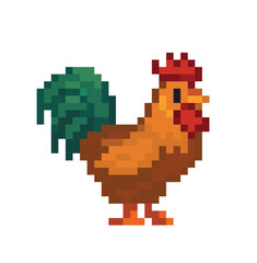 Fototapeta premium Colorful rooster in pixel art style, retro 8-bit farm animal illustration, isolated on white background,
