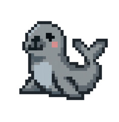 Obraz premium Pixel art illustration of a cute gray seal with a smiling face and pink blush on its cheek, isolated on a white background, 8-bit retro style.