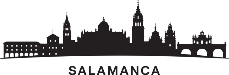 Salamanca Skyline Silhouette Vector Illustration, Spain Cityscape Outline with Famous Landmarks