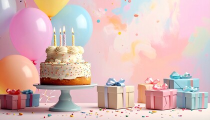 Festive birthday setup with white cake, lit candles, pastel balloons, and colorful gift boxes on pink background.