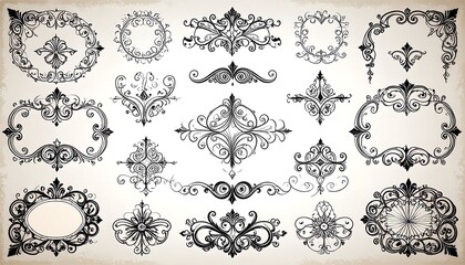 Collection of Vintage Ornate Swirls, Flourishes, and Frames: Black Ink Design Elements