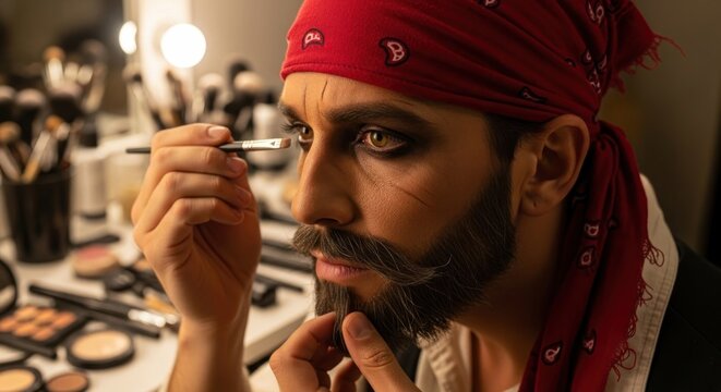 Man with beard and bandana applying makeup in preparation for a performance