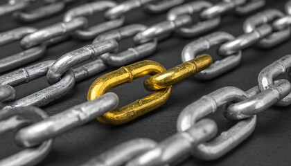 Gold link among silver chain links, symbolizing uniqueness and strength within a connected system.