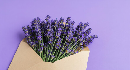 Lavender bouquet in kraft envelope; purple background; minimalist, romantic, fragrant floral arrangement.
