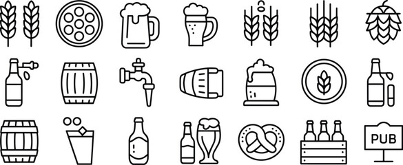Beer brewing icons set, hops and barley, beer mugs, barrels, taps, pretzel, pub sign, bottles, glass, alcohol beverage vector