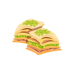 Two square pieces of baklava with pistachios traditional dessert of Makhrebi cuisine side view on white background