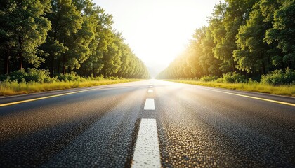 Sunlight dapples an asphalt road lined with lush green trees and vegetation, with painted white stripes guiding the way