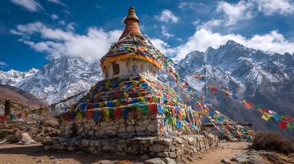 Inspiring Spiritual Journey: Ancient Stupa with Prayer Flags in the Himalayas for Travel, Adventure and Cultural Exploration Content