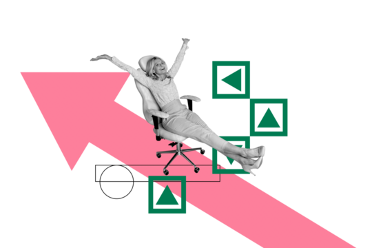 Composite trend artwork sketch photo collage of arrow show direction up success grow job monochrome young lady sit armchair office manager