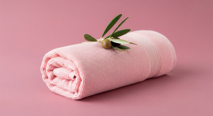 Rolled Pink Bath Towel with Olive Branch; Spa, Wellness, Cleanliness Concept; Soft, Serene, Minimalist Style.
