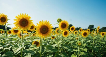 Fototapeta premium Vibrant sunflower field under a clear sky
