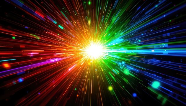 Abstract rainbow burst emanating from a central bright point, creating a colorful and dynamic light display - Powered by Adobe