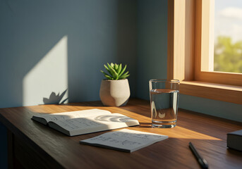 Notebook and Glass of Water near Window Light