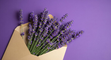 Serene Lavender Bouquet in Kraft Envelope on Purple Background:  Floral Flatlay Photography
