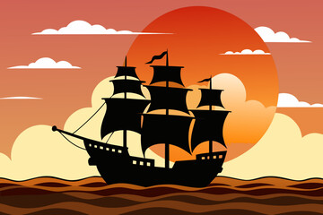 Silhouette of a majestic tall ship sailing on the ocean waves during a vibrant sunset with a large orange sun and scattered clouds in the sky © Bijoychandra
