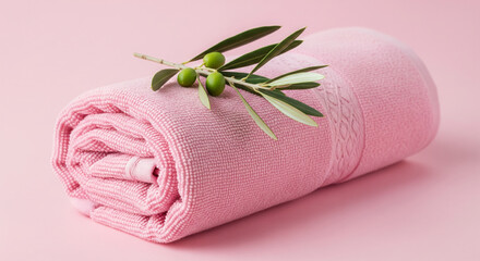 Rolled Pink Cotton Towel with Olive Branch on Pink Background