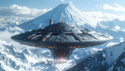 Alien mothership with intricate metallic patterns hovering above snow-covered Mount Fuji, futuristic sci-fi composition