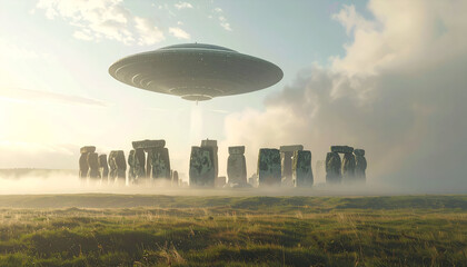 Gigantic alien mothership descending over Stonehenge, dust and fog swirling around, cinematic wide shot