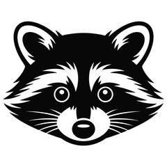 Minimalist black and white raccoon face logo with symmetrical design, expressive eyes, and clean bold line illustration