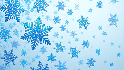 Falling blue snowflakes on a light blue winter background