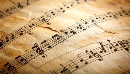 Vintage Sheet Music with Warm Tones Detailed Black Notation Lines on Aged Paper for Musical Themes and Nostalgic Imagery Close Up