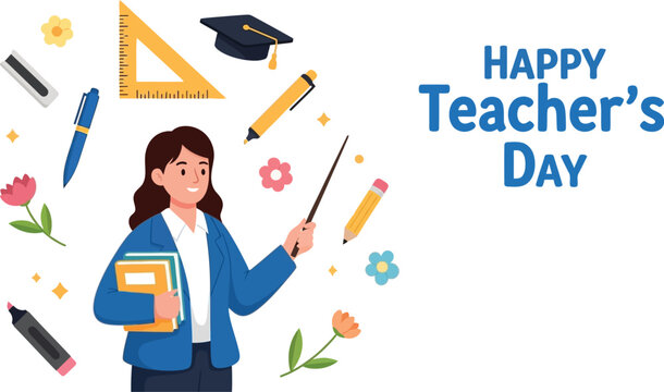 Smiling woman teaching with books and school supplies, celebrating Teacher's Day