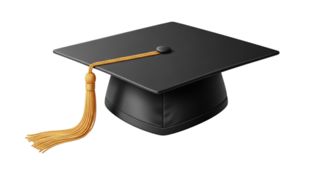 Black graduation cap with gold tassel isolated on a transparent background academic education