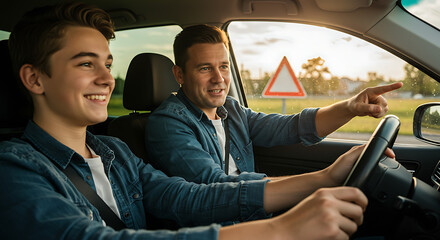 Father teaching teenage son to drive in car during daytime  