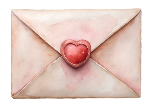 Watercolor illustration of a sealed envelope with a heart isolated on transparent background