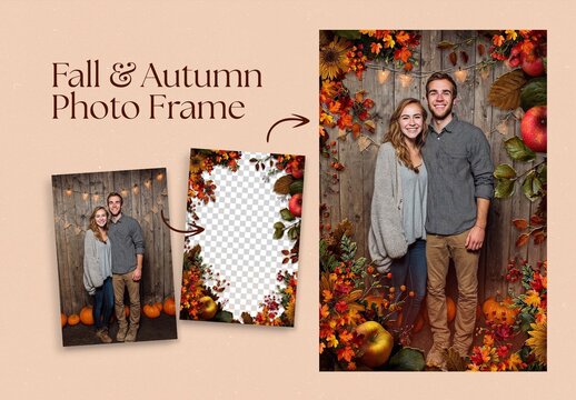 Autumn Photo Frame Template with Fall Leaves Border Overlay for Thanksgiving & Harvest Flyer, Invite