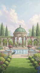Elegant Italian Garden with Pavilion Koi Pond and Peacock  Romantic Landscape Illustration