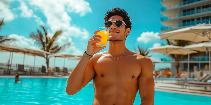 A stylish young man in sunglasses relaxes by the pool with a cocktail in his hand against the backdrop of palm trees and a summer resort. The atmosphere is luxurious and serenity. - Powered by Adobe