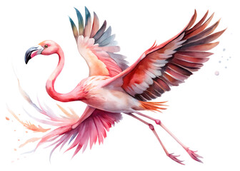 Watercolor flamingo in flight isolated on transparent background with pink feathers